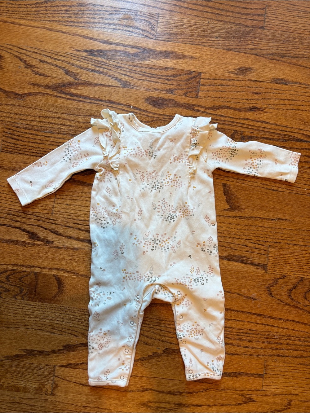Pehr Long Sleeve Baby One-Piece Romper Floral Cream with Ruffle Shoulders 6-12mo